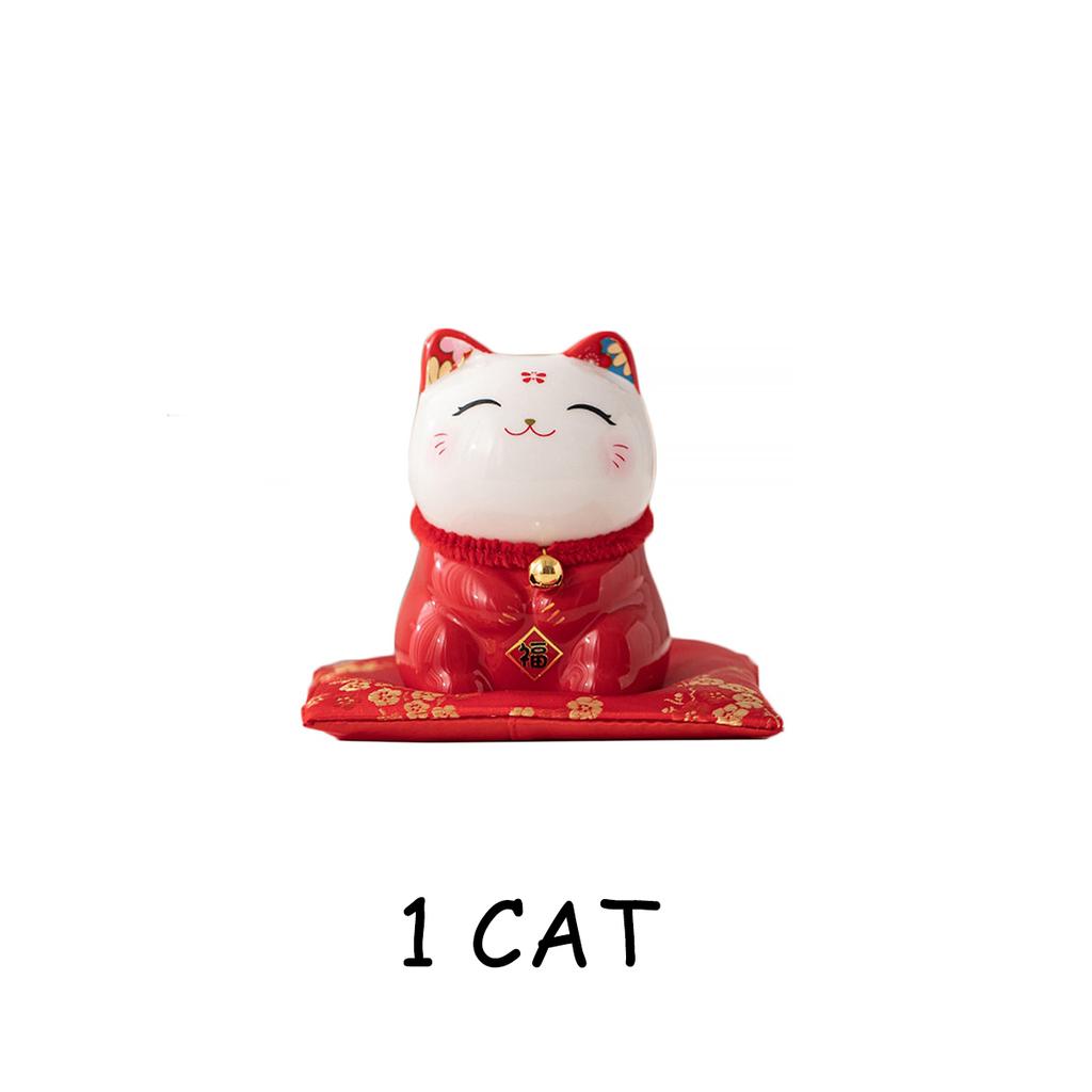 2 pcs 4 inch Ceramic Fortune Cat Red Maneki-Neko Statue Porcelain Lucky Cats Coin Bank Feng Shui Ornament Home Office Decoration
