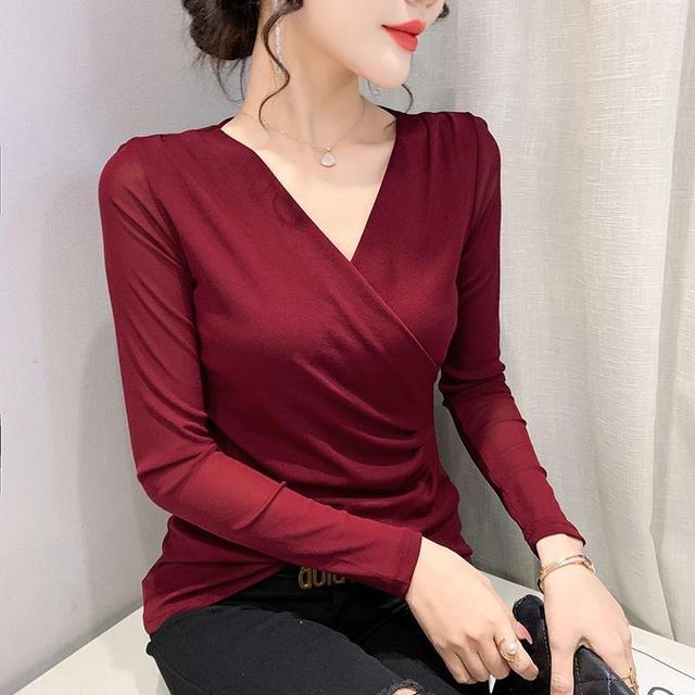 Women's New Fashion V-Neck Cross T-shirt Solid Color Long Sleeves Top Spring Autumn Mesh Bottoming Shirt S-4XL
