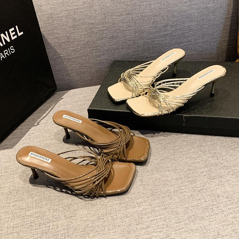 Foreign trade large size French square head cross thin strap high heel cool slippers femininity thin heel open toe Roman sandals outer wear