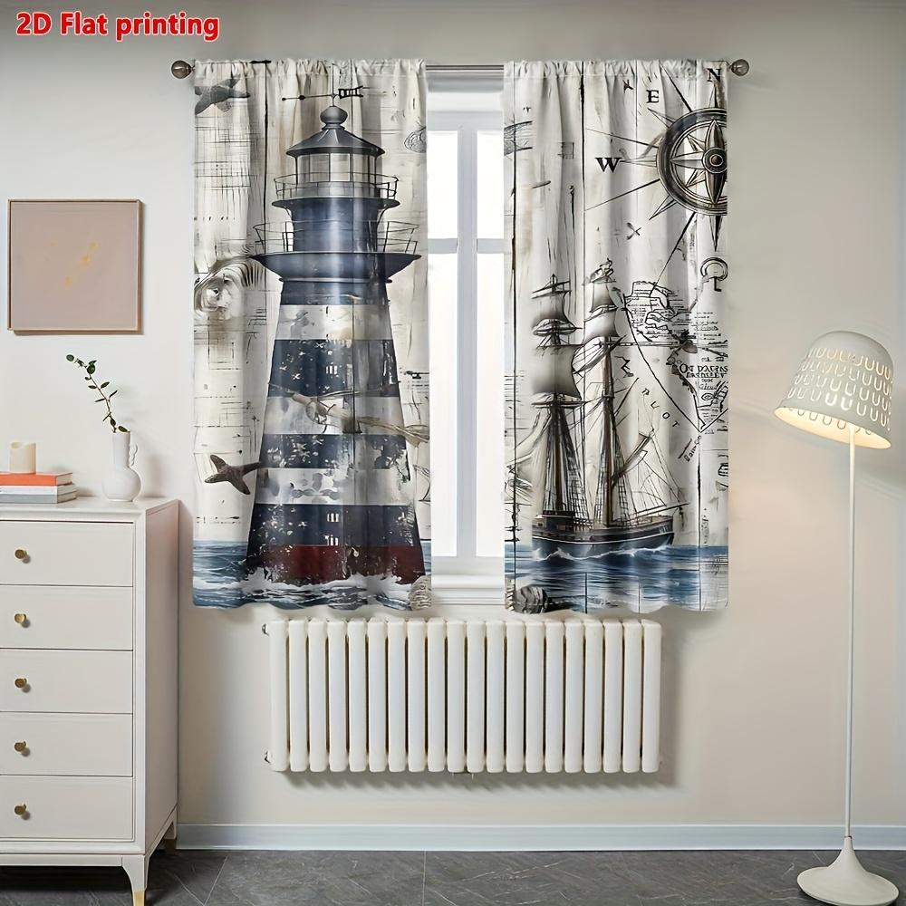 2PCS Digital Print Curtains, Nautical Ship Compass Wood Grain, Coastal Vintage