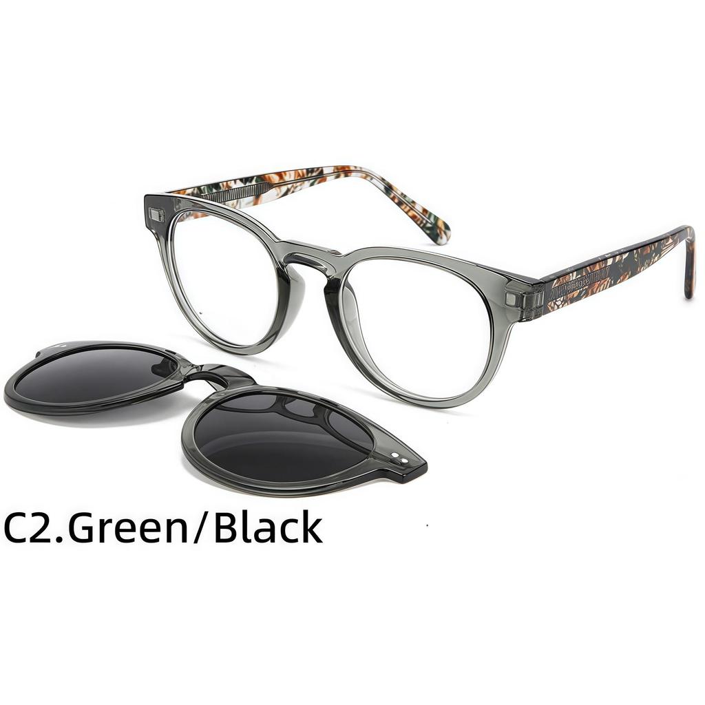 Polarized Leopard Print Round Sunglasses with Magnetic Clip-on