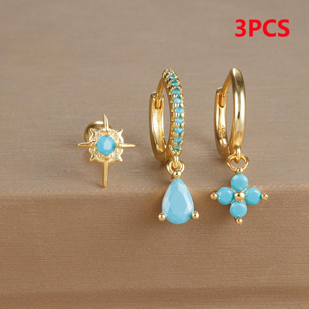 3PCS Stainless Steel Cubic Zirconia Water Drop Hoop Earrings Set For Women Simple Huggies Blue Star Cartilage Piercing Jewelry