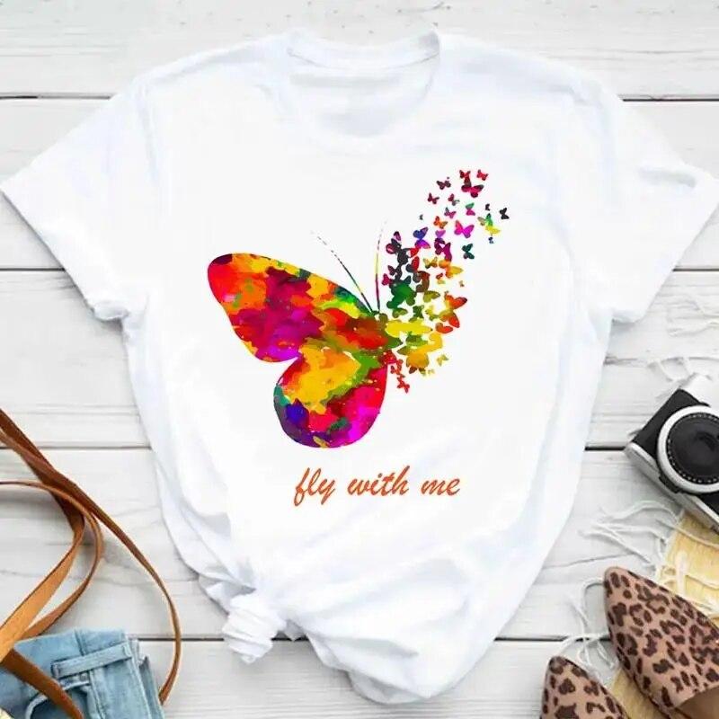 Fashion Women Unisex T Shirt Colorful Butterfly Petal Graphic Print T Shirt Casual Crew Neck Short Sleeve Plus Size T Shirt Unisex