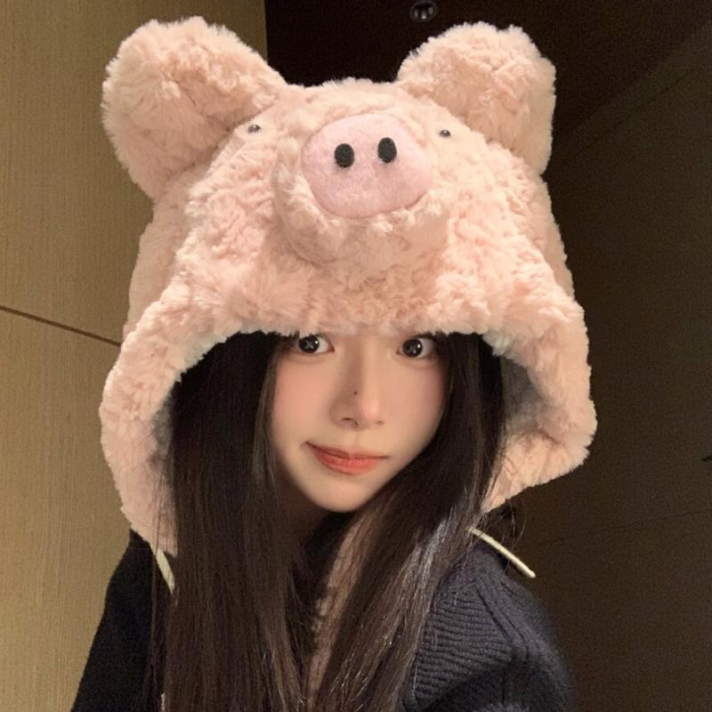 Furry Pig Ear Hat for Adult Teens Plush Earflap Hat for Shopping Skiing Windproof Beanies Hat for Cold Weather Headwear