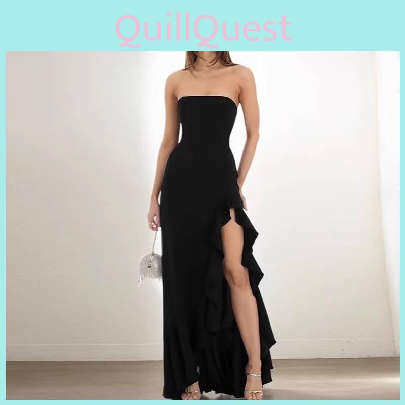 Summer Elegant Off Shoulder Dress With Ruffle Trim And Side Slit For Casual Night Out