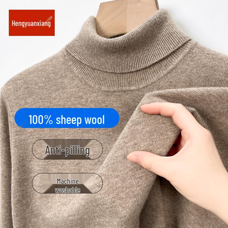 Hengyuanxiang Men's 100% Pure Wool Pullover, Round Neck, Thickened Winter Sweater for Middle-Aged Dads.