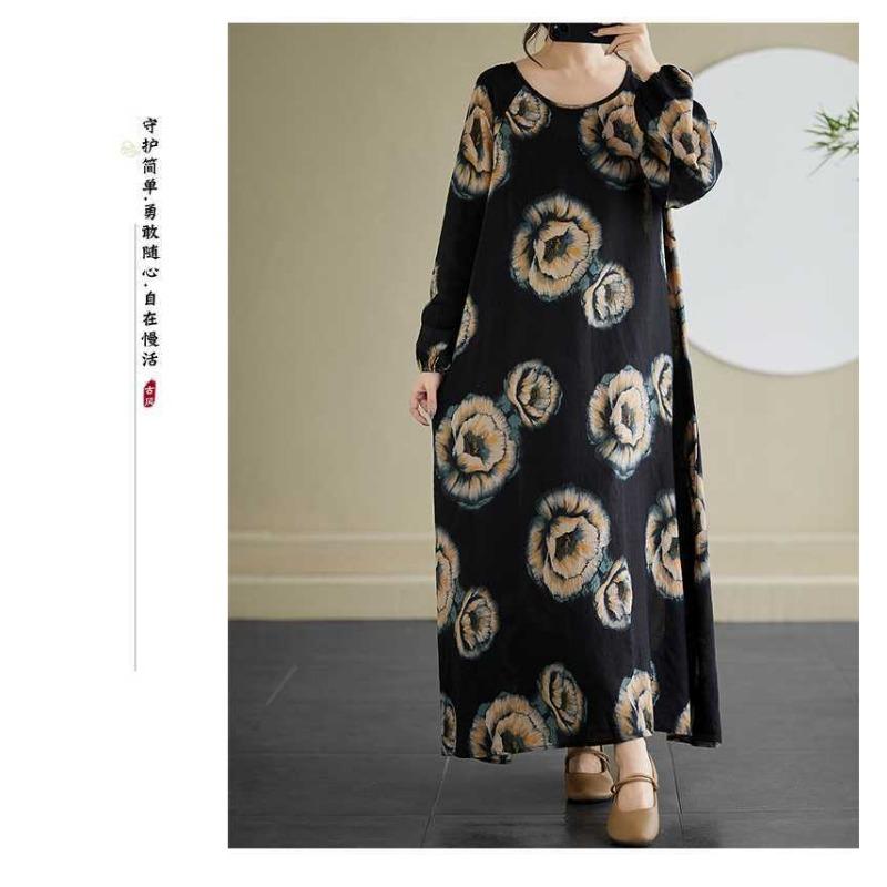 Vintage Long Sleeve Age Reducing Plus Size Casual Long Dresses