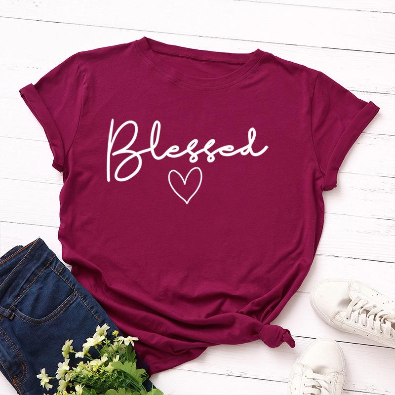 Blessed Letter Cotton T-Shirt Short Sleeve Round Neck Women 2d Print Tops