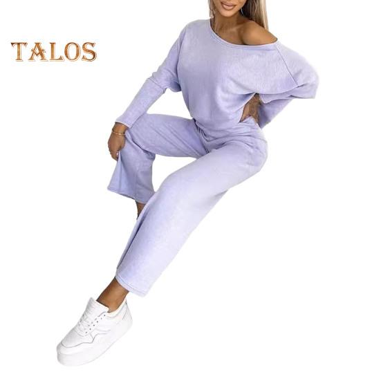 2 Pcs/Set Women Top Pants Set Round Neck Long Sleeves Sweatshirt Elastic Waist Wide Leg Sweatpants Sport Outfit Autumn Casual Tracksuit