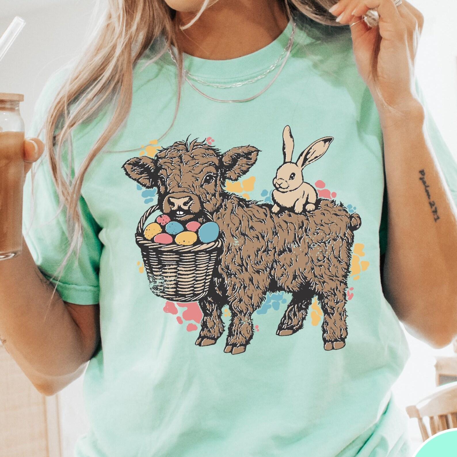Easter Highland Cow Comfort Colors® T-Shirt, Retro Easter Shirt, Cute Easter Tee, Funny Bunny Shirt, Trendy Easter Eggs Shirt S