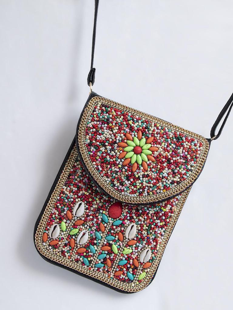 Bohemian Ethnic Shoulder Bag with Rice Beads, Shell Mobile Pocket, Floral PU Design, Women's Crossbody for Travel Photography.