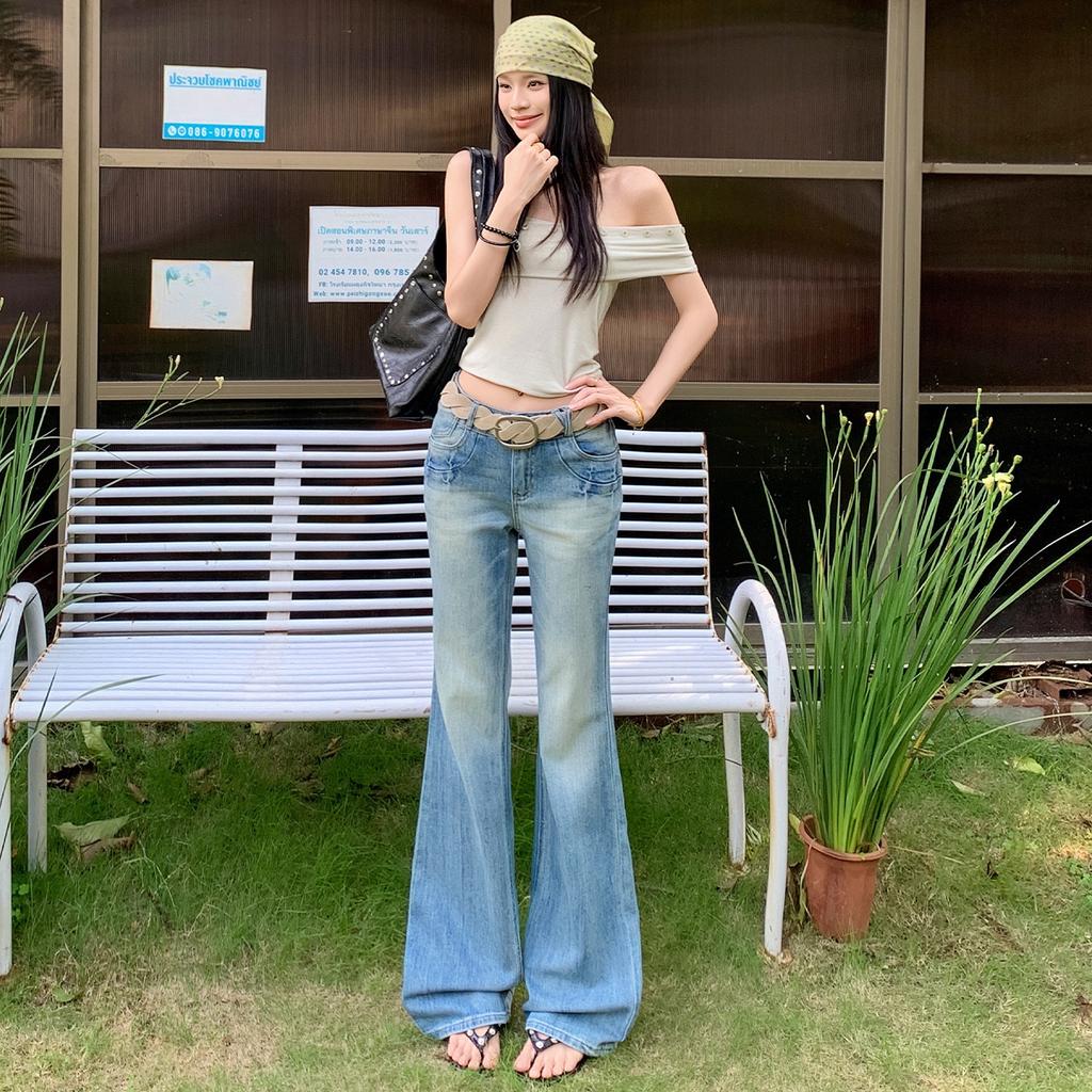 Light blue slightly pulled jeans women's summer new American Spice Girl low-rise elastic and thin versatile bell pants