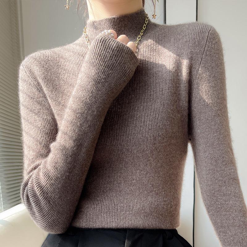 Korean Style Slim Fit Ribbed Knit Sweater - Women's Long Sleeve Half High Collar