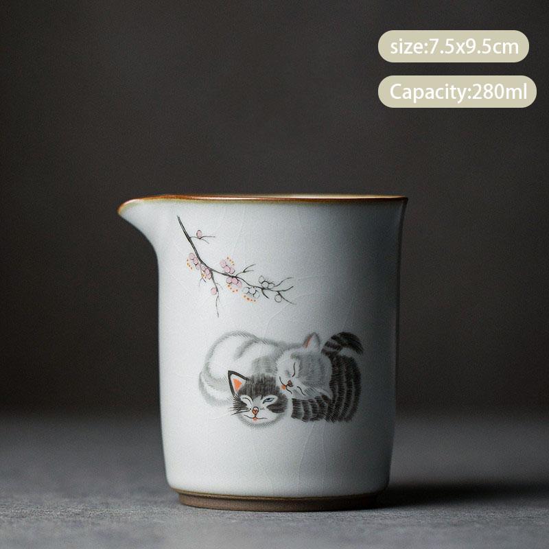 Chinese Retro Ru Kiln Ceramic Fair Cup Tea Strainer Hand-painted Cute Cat Teacup Handmade Tea Infusers Tea Set Accessories