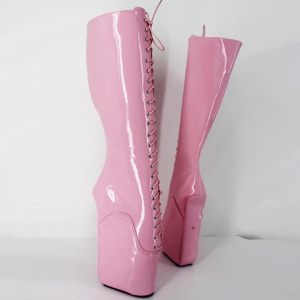 Fashion FHC 18CM Wedges Pony Heel Knee High Boots,Women Fetish Dance Shoes,Men Cosplay Botas,Lace-up,Black,Red,Pink,Blue,Custom Colors