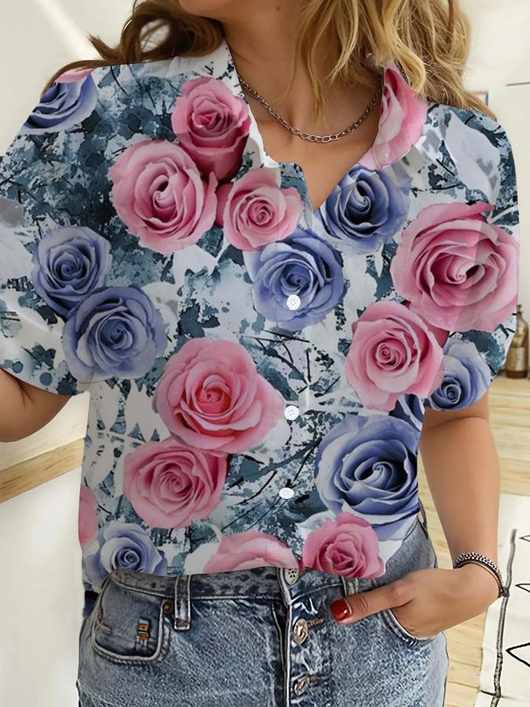 Camisas Florales de Manga Corta con Botones para Mujer Estampado de Rosas Camisetas Casuales de Playa Verano Nueva Blusa de Girasol Tops para Mujer