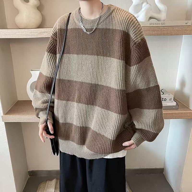 Sweater men's autumn and winter warm loose primer thread jacket American casual contrasting color trendy brand striped crew neck knitted sweater