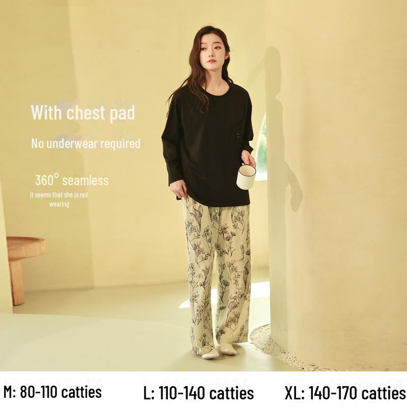 Women's Pure Cotton Long-Sleeve Pajama Set with Chest Pads - Large Size, Spring/Autumn 2025