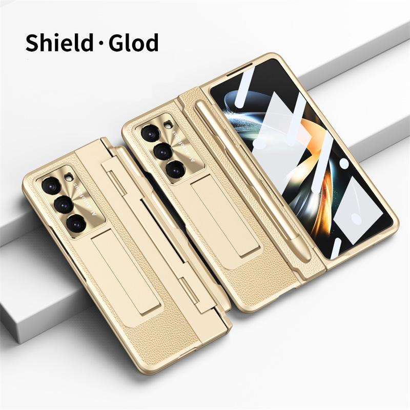 Full Protection Hinge Case for Samsung Galaxy Z Fold8 Ultra / 7 6 5 4 3 Plating PC+Leather Tempered Film Folding Kickstand Cover