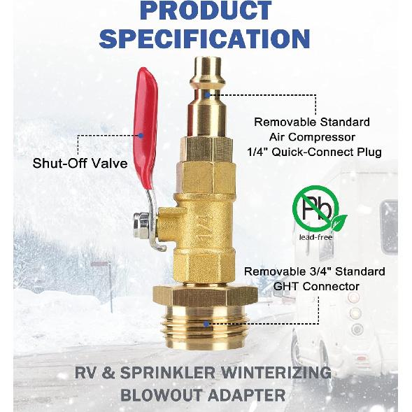 RV Winterizing Kit, RV Blowout Adapter With Shut Off Valve, Sprinkler Blowout Adapter With Quick-Connect Plug To 3/4 Garden Hose, Camper Winterize