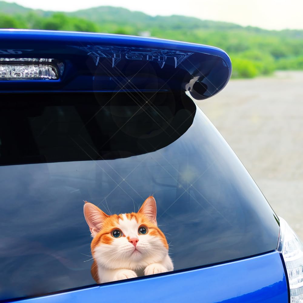Cat Car Window Decals Funny 3D Waterproof Decals,Orange Cat Stickers,PVC Realistic Automotive Sticker, for Refrigerator,Toilet, Wall.Bathroom,1pcs