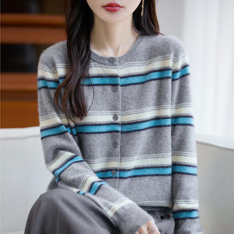 100% Wool Stripe Knit Cardigan - Autumn Academy Style Long Sleeve Sweater.