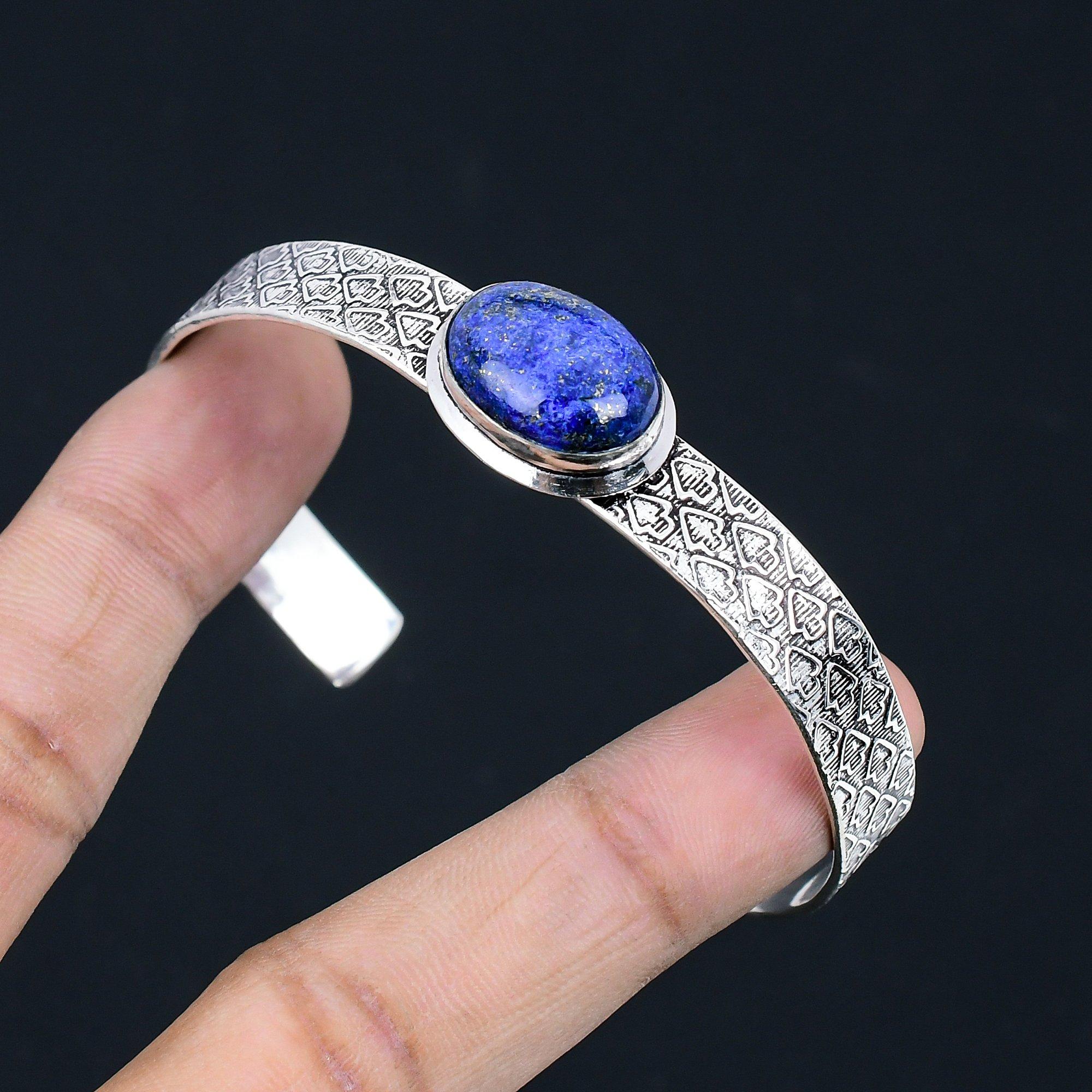 

925 Sterling Silver Throat Chakra Oval Lapis Lazuli Gemstone Wife Bangle Jewelry Adjustable