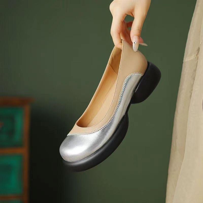 French Retro Single Shoes Women's Color Matching Foreign Style Thick Heel Versatile Round Head Knot Soft Sole Small Leather Shoes Light Mouth Single S