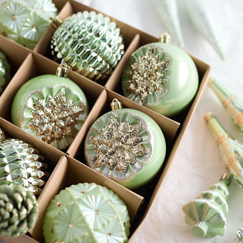 6/8/10cm Green Christmas Ball Ornaments Set, Unique Shapes Shatterproof Hanging Decor for Xmas Tree Home Party, Family Children