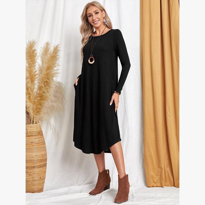 Herbst Damen Übergröße Einfarbig Lässig Langarm Kleid Gebogener Saum Lockeres Kleid