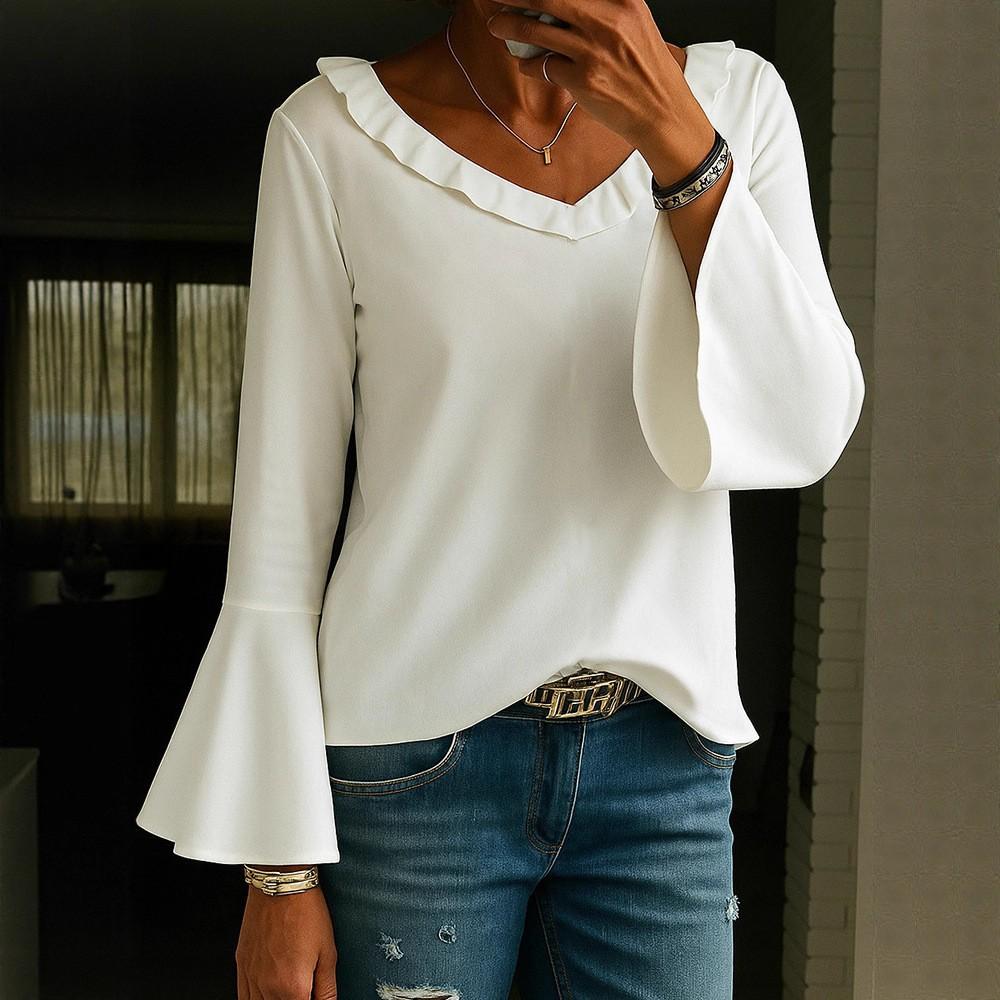 Women S Chiffon Blouse Casual V Neck Flare Sleeve Sun Protection Top