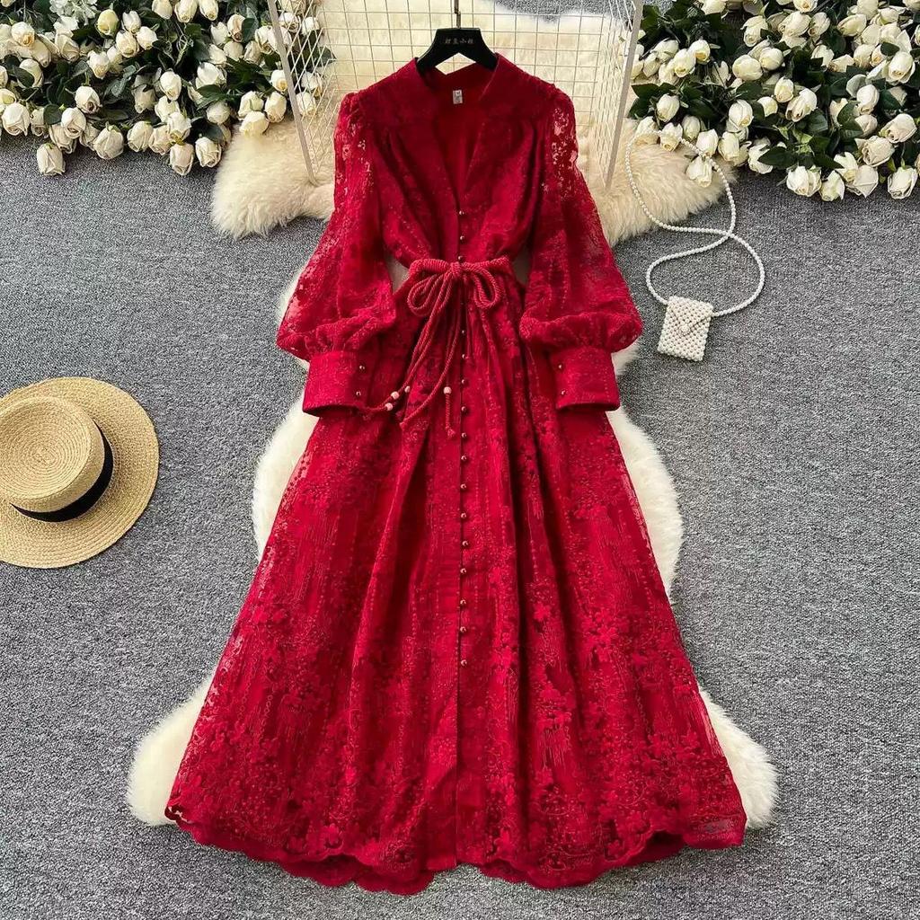 Francia Vintage Ricamo Abiti Formali Donna Estate Autunno Manica Lunga a Lanterna Pizzo Perla Ballo Serale Compleanno Abito da Festa