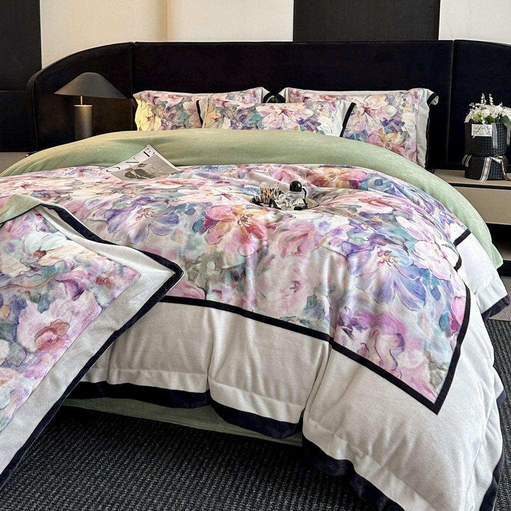 G5Z Französisches Retro Luxus Warmes Koralle Bettwäscheset - 4 Teile (Doppelseitige Bettwäsche & Bettbezug)