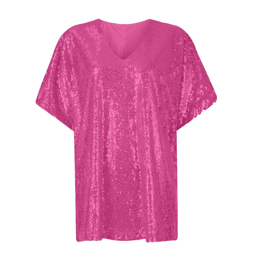 Sequin Tops V-Neck Short Sleeve Women's Tops Loose Shiny Tops For Women Dress Up Tops For Party