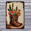 Vintage Cactus Boots Flower Metal Poster, Western Wall Art for Living Room