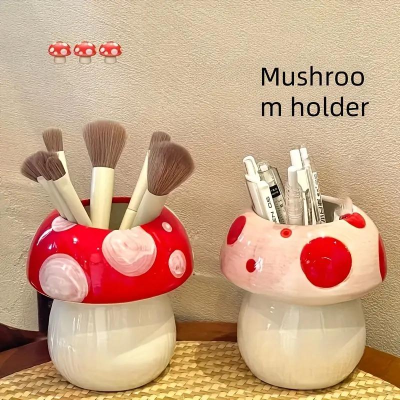 Cute Mushroom Ceramic Pen Container Series Suitable Makeup Brush Holder Office Supplies Desktop Creative Decoration