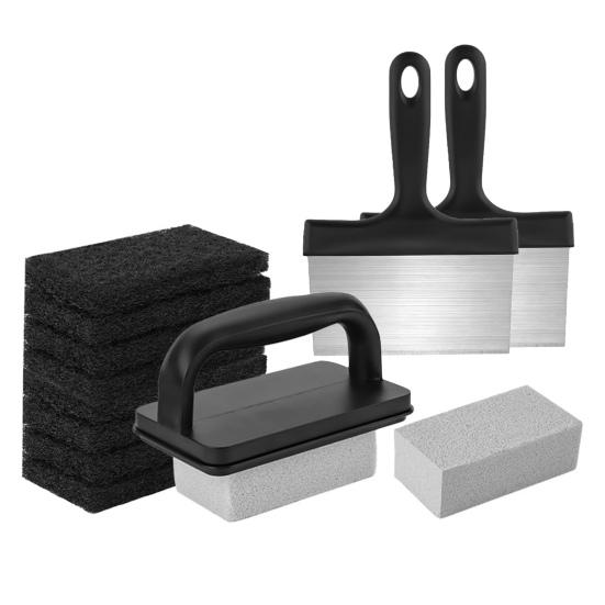1 Set BBQ Griddle Cleaning Tool Kit with Handle Scraper Scouring Pad Pumice Stone Brush Multifunctional Barbecue Flat Top Grill Cleaner Kit