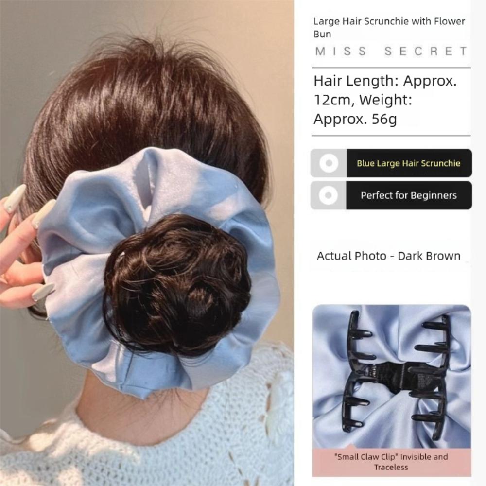 

Satin Hair Bun Claw Clip with Hair Rope Hairpiece Scrunchies New Bun Head Wig Women Blue-Dark Brown