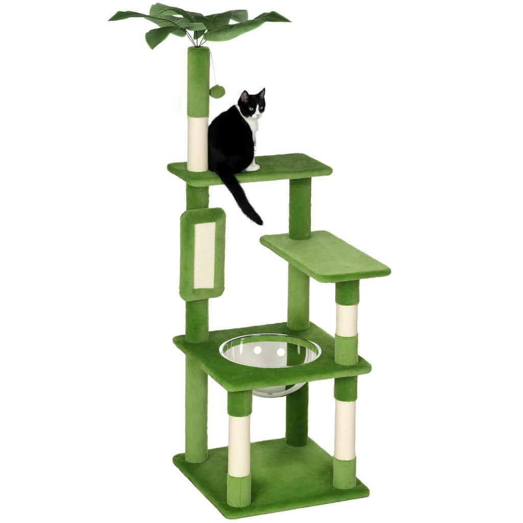 Multi-Level Cat Tree with Hammock, Scratching Post, Ball and Decorative Leaves, 49x49x142 cm, Green