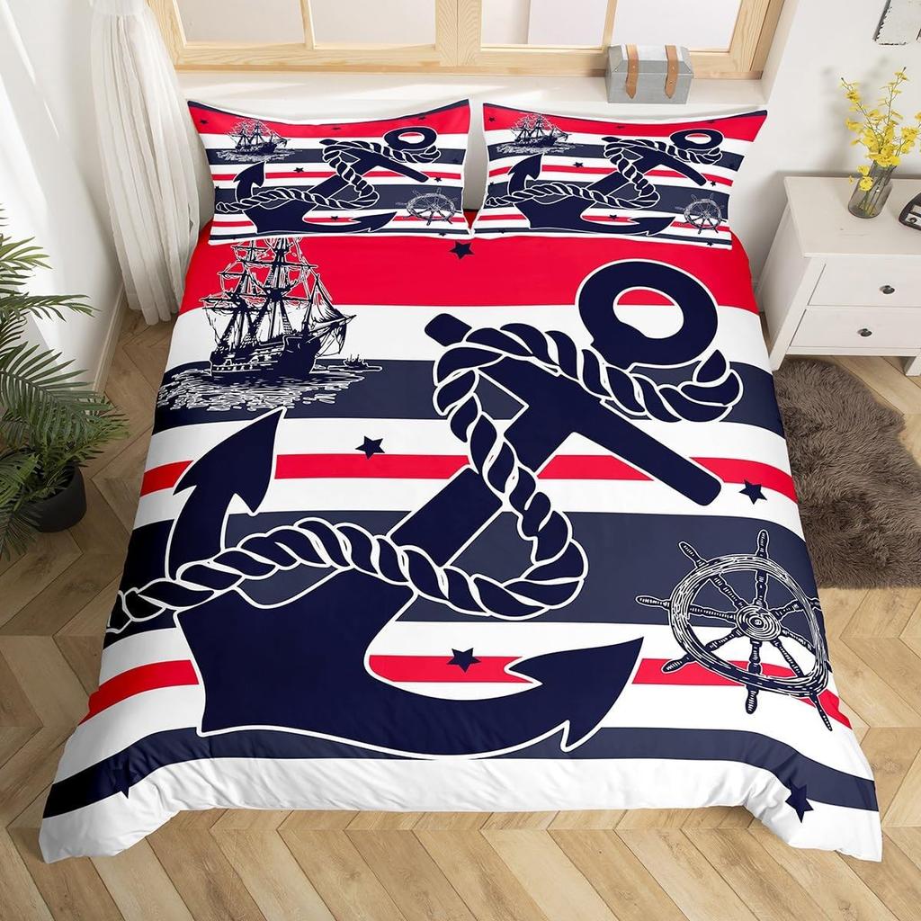 Nautical Anchor Duvet Cover,Geometric Stripes Anchor Bedding Set Twin For Boys Girls Room Decor,Ocean Adventure Comforter Cover