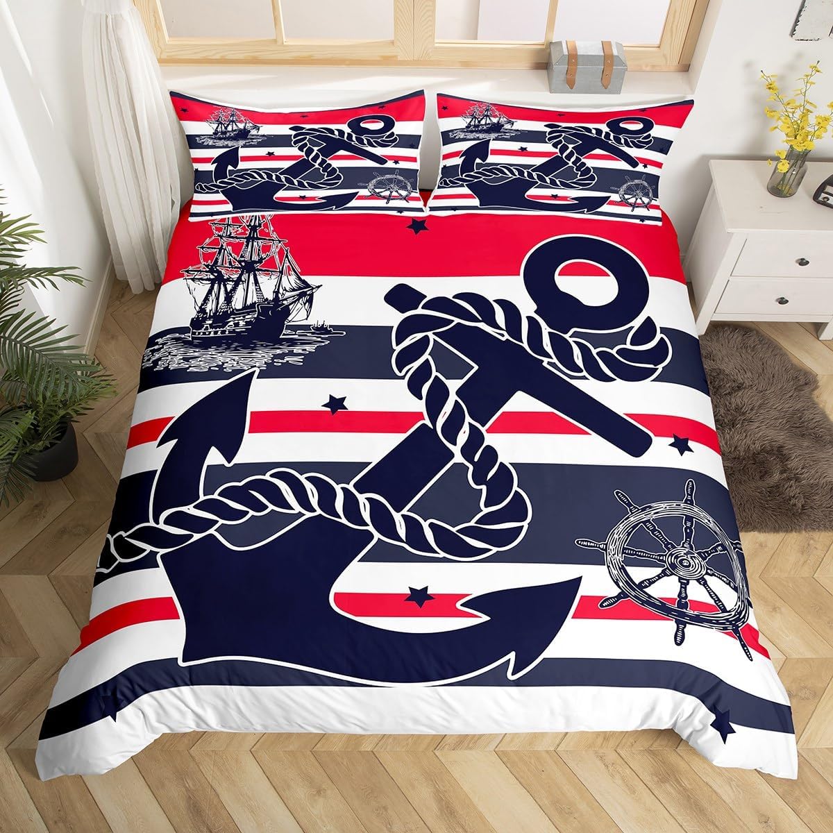 

Comforter Nautical Anchor Geometric Stripes Anchor Bedding Set Twin For Boys Girls Room Decorocean Adventure Comforter Comforter (quilt)-EU Single(135*200cm)3pcs