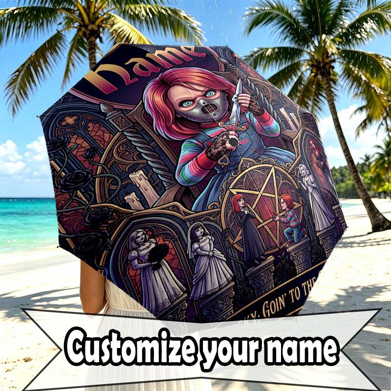 Custom Name Personalized Horror Theme Chucky Print Umbrella, Auto Open Close, 8‑Rib Sturdy Frame, Commute Camping Hiking Use, Birthday Gift