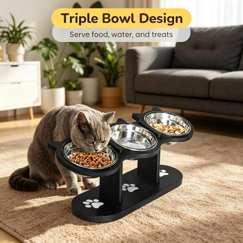 Anti-Slip Elevated 3-Bowl Pet Feeder Set, Raised Cat and Small Dog Food Water Bowls with Stand, Neck Strain Relief (Black)