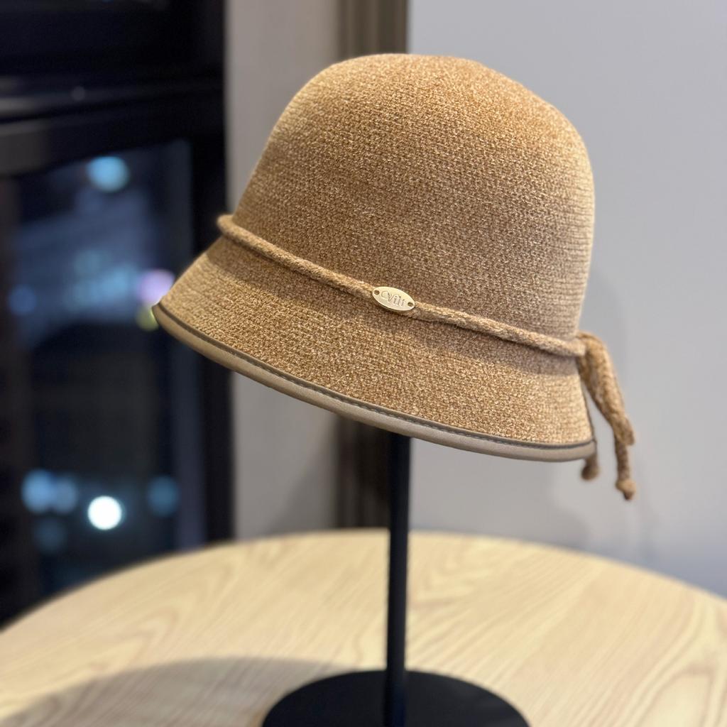 New Chenille Fisherman Hat for Women In Autumn and Winter Temperament Warm Basin Hat Simple Solid Color Bow Bucket Hat Trendy