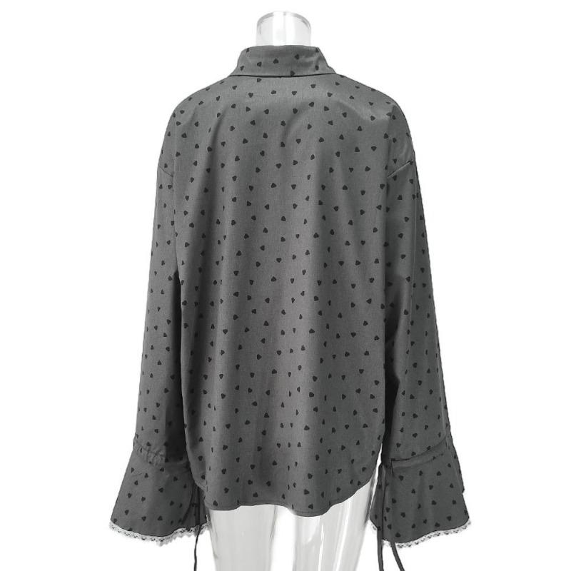 Women Sweet Loose Polka Dot Lace Cuff Turn Down Collar Long Sleeve Blouse