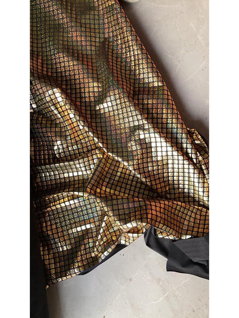 Iridescent Gold Glitter Laser-Spray Dance Skirt with Crystal Background Pattern