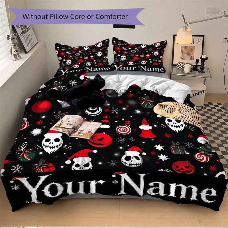 Spooky Christmas Skull Print Bedding Set Personalized Washable Custom 3Pcs Duvet Cover Pillowcases Soft Microfiber Home Bedroom Gift