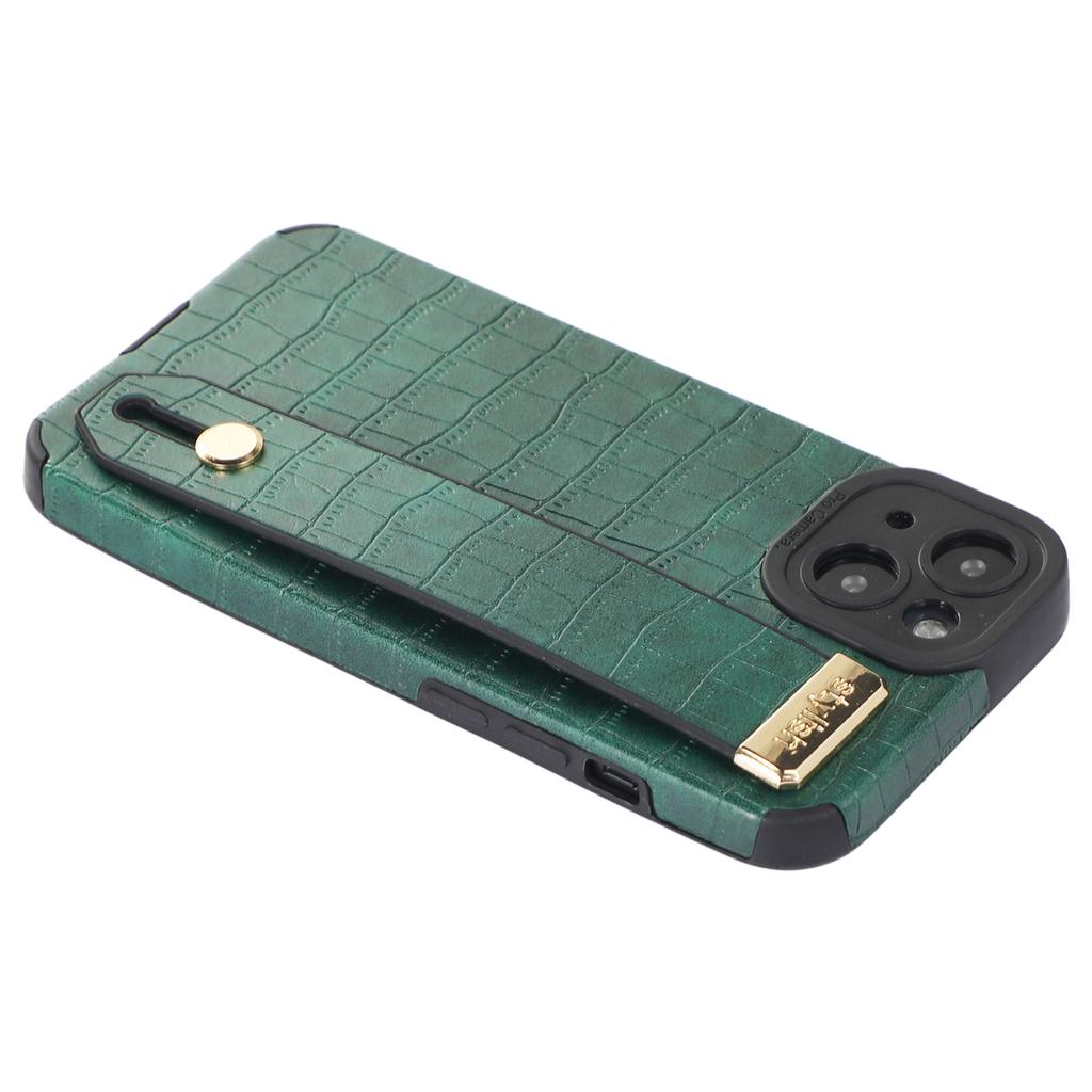 For iPhone 14 Plus Case Crocodile Texture Leather+TPU Phone Cover with Wristband Kickstand