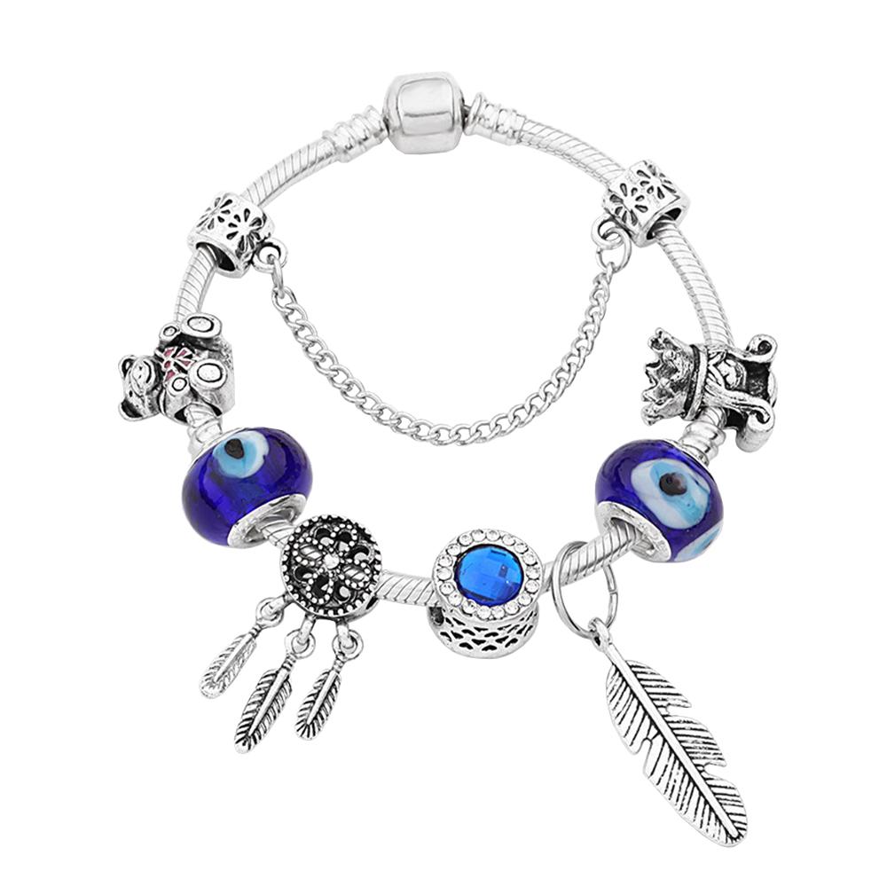 Style SS925 Silver Glass Beads Crystal Feather Dreamcatcher Bracelet With Safety Chain Fine Gift For Women With Cloth Bag