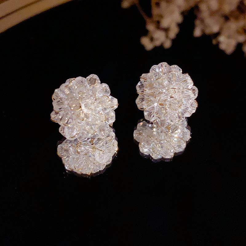 Silver needle handmade ice-through colorful flower stud earrings, sweet design crystal earrings Internet celebrity earrings 925 silver needle